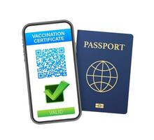 vacunación digital certificado en teléfono inteligente teléfono pantalla con qr código y pasar cheque marca vacunado salud pasaporte. vector valores ilustración