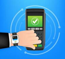 sin contacto pago métodos móvil inteligente reloj y inalámbrico pos terminal realista estilo. vector valores ilustración.