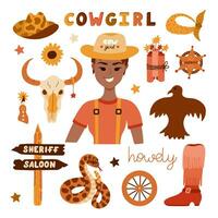 Big cowgirl set in trendy flat style. Hand drawn simple vector illustration with western boots, hat, snake, cactus, bull skull, sheriff badge star. Cowboy theme with symbols of Texas and Wild West
