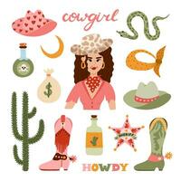 Big cowgirl set in trendy flat style. Hand drawn simple vector illustration with western boots, hat, snake, cactus, bull skull, sheriff badge star. Cowboy theme with symbols of Texas and Wild West