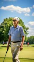 Elderly man golfing, blue skies, green grass, relaxed expression photo