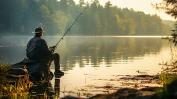 Old man fishing, serene lake, fishing rod, hat, content smile photo