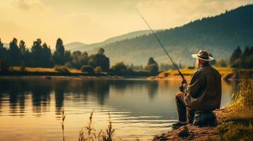 antiguo hombre pesca, sereno lago, pescar vara, sombrero, contenido sonrisa foto