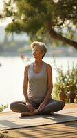 Senior woman stretching, yoga mat, peaceful expression, outdoor nature setting photo