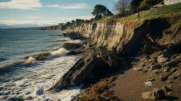 costero erosión. un línea costera es erosionado por poderoso olas foto