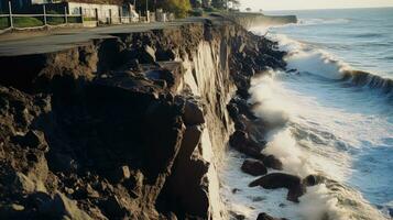 Coastal erosion. A coastline is eroded by powerful waves photo