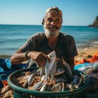 sostenible pesca. un pescador sostiene un red con Fresco foto