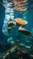 Plastic pollution. A sea turtle struggles with a plastic bag photo