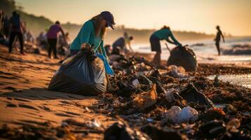 Beach cleanup. Volunteers collect trash on a sandy shore photo