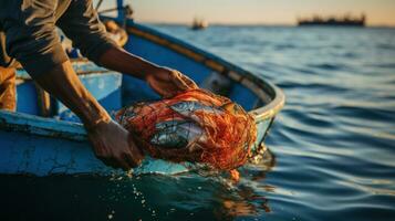 Sustainable fishing. A fisherman holds a net with fresh photo