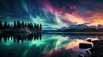 Aurora borealis lake snowy trees mountains. Created with Generative AI photo