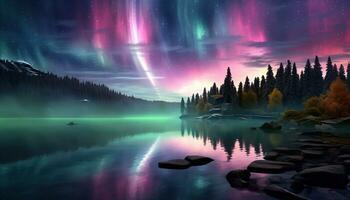 Aurora borealis lake snowy trees mountains. Created with Generative AI photo
