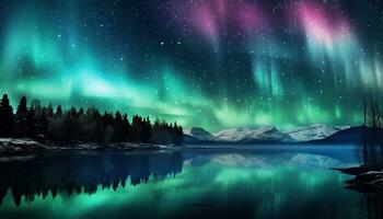 Aurora borealis lake snowy trees mountains. Created with Generative AI photo
