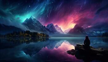 Aurora borealis lago Nevado arboles montañas. creado con generativo ai foto
