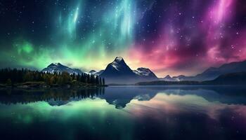 Aurora borealis lake snowy trees mountains. Created with Generative AI photo