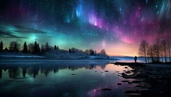 Aurora borealis lake snowy trees mountains. Created with Generative AI photo