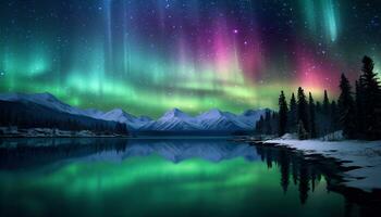Aurora borealis lake snowy trees mountains. Created with Generative AI photo