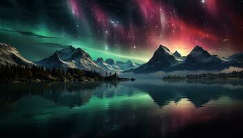 Aurora borealis lago Nevado arboles montañas. creado con generativo ai foto
