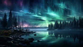 Aurora borealis lake snowy trees mountains. Created with Generative AI photo