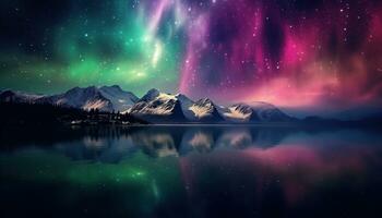 Aurora borealis lake snowy trees mountains. Created with Generative AI photo