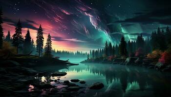 Aurora borealis lake snowy trees mountains. Created with Generative AI photo