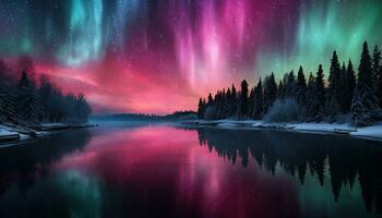 Aurora borealis lake snowy trees mountains. Created with Generative AI photo