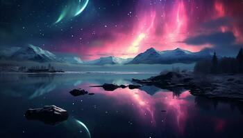 Aurora borealis lake snowy trees mountains. Created with Generative AI photo