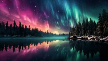 Aurora borealis lake snowy trees mountains. Created with Generative AI photo