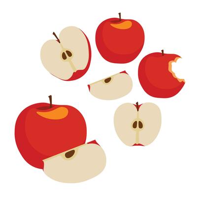 Red Whole, Bitten, and Sliced Apple