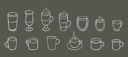 Sketch of coffee cups on a chalkboard. Stylized sketch coffee drawn with chalk on a black board. Doodle coffee cups set. Can be used as menu board for restaurant or bars. vector