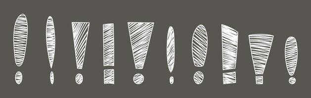 Hand drawn exclamation marks set. Hand drawn chalk doodles exclamation marks on black chalkboard. Scribble exclamation point sign. Sketch of punctuation sign vector