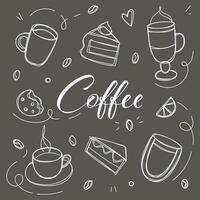 Coffee and desserts in doodle style drawn with chalk on a black board. Sketch of different cups of coffee and cappuccino. Art background for cafe shop, card, banner etc. vector