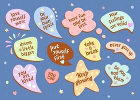 Vector collection of speech bubbles with affirmation. Self love and compliment phrases