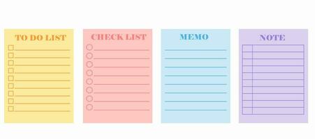 Template for notebook.Checklist and To Do list.Stickers for note.Paper sheets.Schedule and table.Blank space planner pages bullet journal.Memo and page.Vector illustration. vector