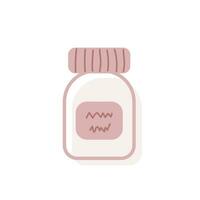 Vector illustration of medicine vial with a label and a scrawl. Isolated flat bottle for tablets, capsules, vitamins or supplements. Element of medical and pharma concept