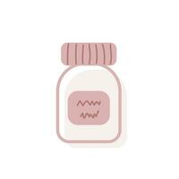 Vector illustration of medicine vial with a label and a scrawl. Isolated flat bottle for tablets, capsules, vitamins or supplements. Element of medical and pharma concept