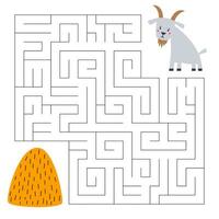 Maze for children of agricultural animal, a cute goat and a haystack. Vector cartoon illustration isolated on white background.