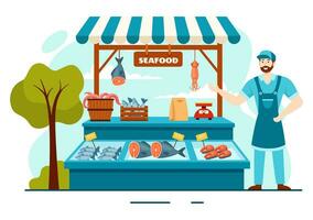 Mariscos mercado puesto vector ilustración con Fresco pescado productos tal como pulpo, almejas, camarón y langosta en plano dibujos animados antecedentes diseño