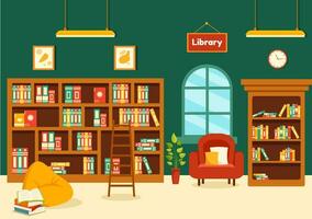 Library Vector Illustration of Book Shelves with Interior Wooden Furniture for Reading, Education and Knowledge in Flat Cartoon Background Design