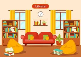 Library Vector Illustration of Book Shelves with Interior Wooden Furniture for Reading, Education and Knowledge in Flat Cartoon Background Design