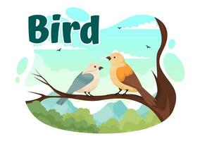 Bird Animal Vector Illustration with Birds on Tree Roots and Sky as Background in Flat Cartoon Style Design Template