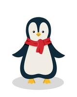 Cute cartoon penguin in a warm red scarf. Vector illustration of the concept of winter holidays, New Year and Christmas.