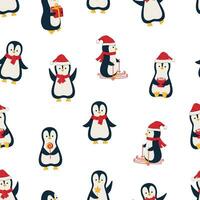 sin costura modelo pingüinos conjunto divertido, dibujos animados linda caracteres celebrando nuevo año y Navidad. vector antecedentes ilustración de el concepto de invierno vacaciones.