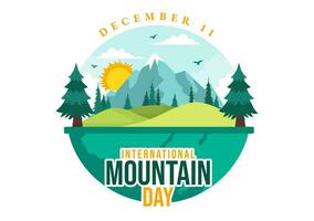 internacional montaña día vector ilustración en diciembre 11 con montañas panorama, verde Valle y arboles en plano dibujos animados antecedentes diseño