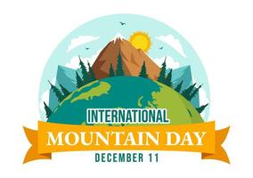 internacional montaña día vector ilustración en diciembre 11 con montañas panorama, verde Valle y arboles en plano dibujos animados antecedentes diseño