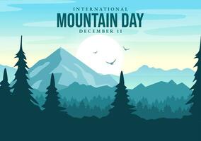 International Mountain Day Vector Illustration on December 11 with Mountains Panorama, Green Valley and Trees in Flat Cartoon Background Design