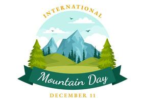 internacional montaña día vector ilustración en diciembre 11 con montañas panorama, verde Valle y arboles en plano dibujos animados antecedentes diseño