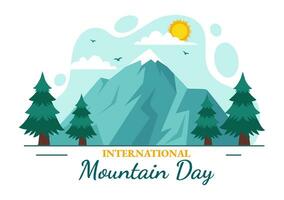 internacional montaña día vector ilustración en diciembre 11 con montañas panorama, verde Valle y arboles en plano dibujos animados antecedentes diseño