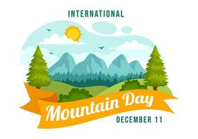 internacional montaña día vector ilustración en diciembre 11 con montañas panorama, verde Valle y arboles en plano dibujos animados antecedentes diseño