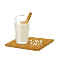 Vector illustration, Horchata drink, made from rice milk, vanilla and cinnamon, served in a glass, with a wooden base and sprinkled with rice, isolated on white background.